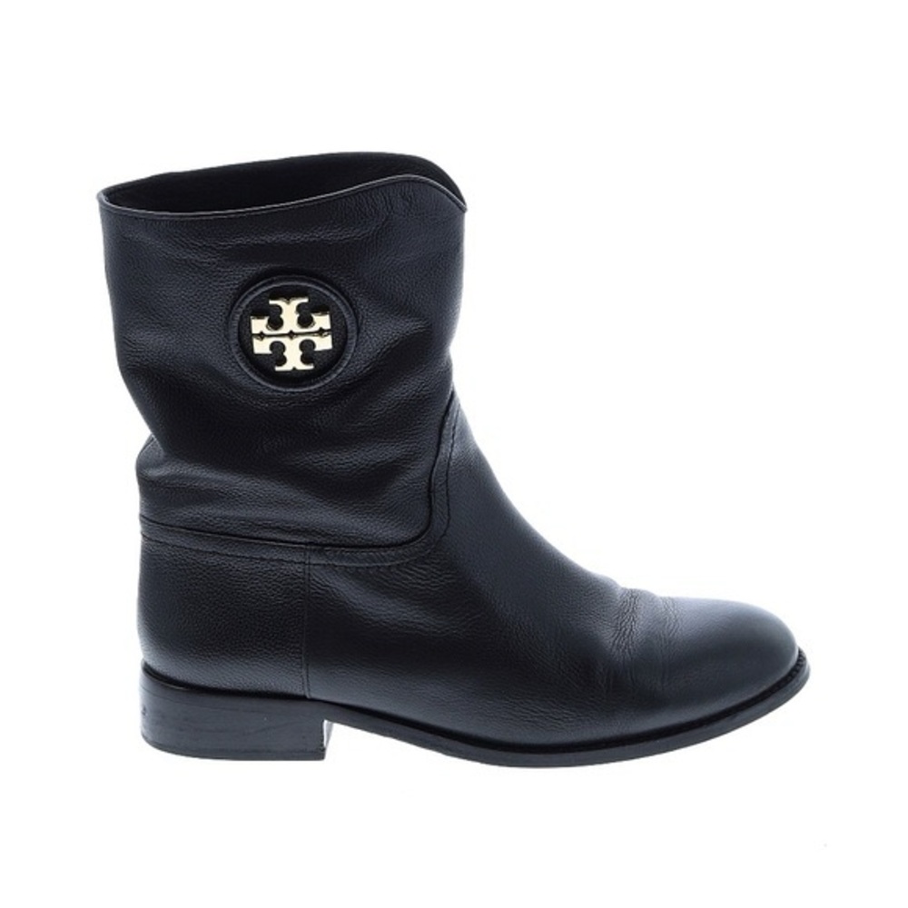 Tory Burch Black Hallie Mid Calf Boots with Gold Logo